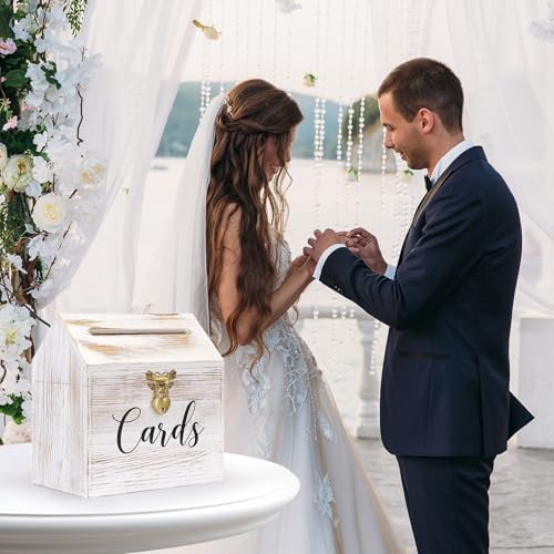 Yamahiko Card Box Wedding Card Box for Reception, Vintage Large Wedding Gift Card Holder Box with Heart Lock, Big Wedding Card Envelope Holder Box with Lid Wood Card Box for Wedding Party, White - Image 5