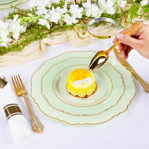 Liacere 350PCS Light Green Plates - Disposable Green and Gold Plastic Plates 50guest Baroque Dinnerware include 100Plates,50Pack Pre Rolled Napkins with Silverware 50Cups for Wedding ＆ Party & Spring - Image 5