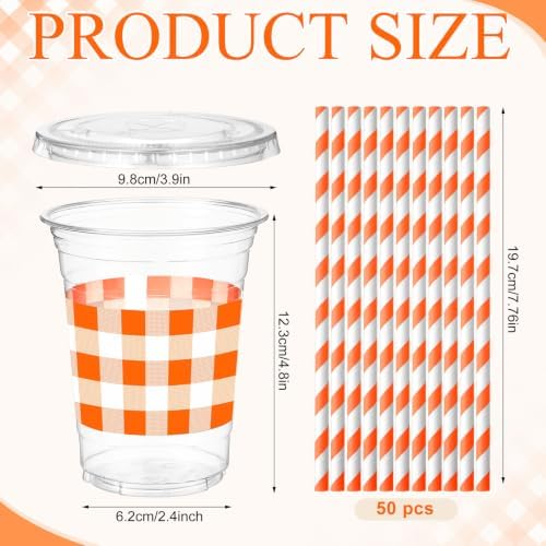 Sliner 50 Sets Orange White Gingham Plaid Party Plastic Cups 16oz - Image 3