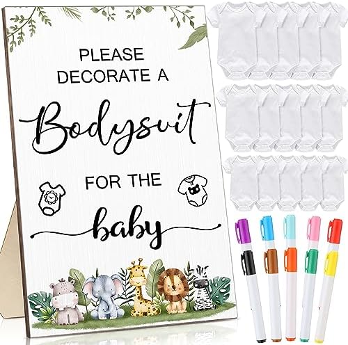 Handepo 26 Pcs Baby Shower Games DIY Bodysuit Set 1 Wooden Sign 15 White Bodysuits 10 Fabric Markers for Birth Decorating Kit(Woodland Animal) by Handepo