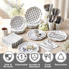 Funnymoom 400 Pcs Gingham Party Supplies for 50 Guests Gray and White Paper Plates and Napkins Knives Spoons Forks Cups Disposable Checkered Dinner Party Set Cutlery for Baby Shower Wedding Favor - Image 4