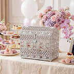 ELLDOO Crystal Wedding Card Box with Heart Lock, Vintage Money Card Box Treasure Chest Style Silver Gift for Wedding Receptions, Centerpiece Decor, Anniversary Keepsake, Gift, Small Size - Image 2