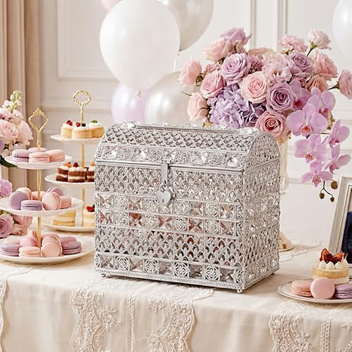 ELLDOO Crystal Wedding Card Box with Heart Lock, Vintage Money Card Box Treasure Chest Style Silver Gift for Wedding Receptions, Centerpiece Decor, Anniversary Keepsake, Gift, Small Size - Image 2