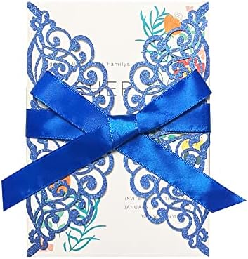 50Pcs Laser Cut Blue Wedding Invitation With Glitter Envelopes And Ribbons Blank Personalized Card Invitaciones Para quinceañera Birthday Baby Shower Christmas Party Bridal Shower by Fashmade