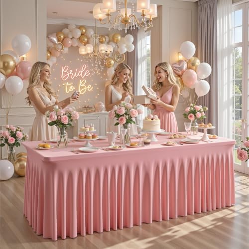 2 Packs Dusty Rose Table Clothes for 6 Foot Rectangle Tables, One-Piece Wrinkle Resistant Stretch Spandex Table Covers with Skirt for Event Banquet Wedding Birthday Party - Image 7
