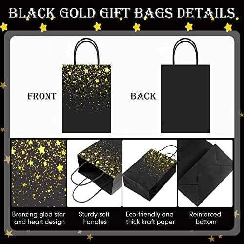 32Pcs Black and Gold Gift Bags with 32 Tissue Paper Heart Stars Dots Styles - Image 3