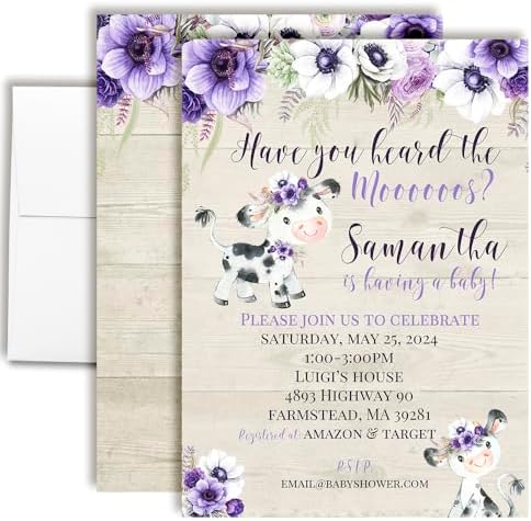 Amanda Creation Custom Baby Shower Invites Purple Cow Baby Shower Invitation 20 5x7 Custom Personalized Watercolor Invites With Envelopes by AmandaCreation