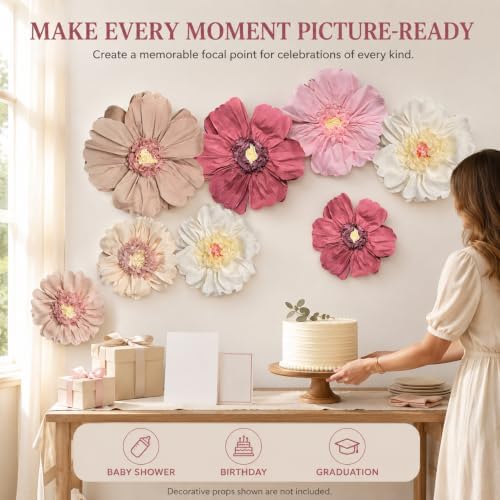 8 Pcs 31.5", 20" Pinky Giant Paper Flower Boho Large Tissue Paper Flower for Wall Big Pink Pom Pom Floral Decorations for Wall Wedding Bridal Shower Baby Shower Tea Party Nursery Birthday Decor - Image 7