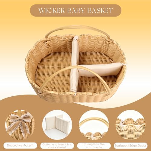 2pcs Rattella Premium Scalloped Rattan Baby Diaper Caddy Organizer 16.14*10*7.2/13.9*8*6in Handwoven Wicker Nursery Storage Basket with Removable Divider & Gift Bow - Boho Baby Registry (Khaki 2) - Image 7