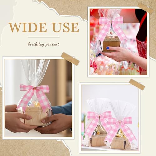 Kigley 24 Set Pink Gingham Wooden Gift Baskets with Cellophane Bags Bows - Image 2