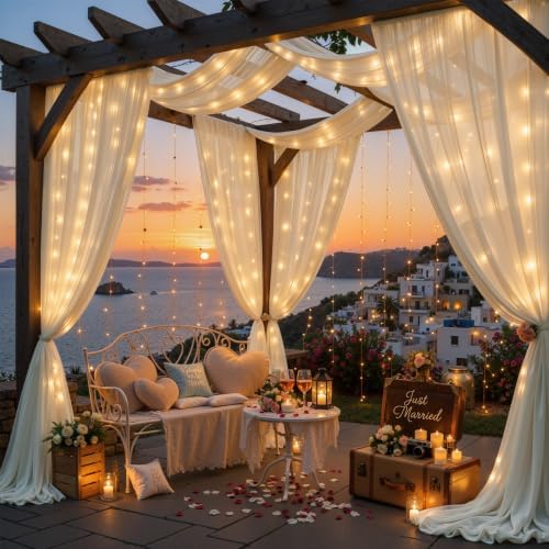 20ft x 10ft Ivory Chiffon Backdrop Curtain with Lights for Parties 4 Panels - Image 3