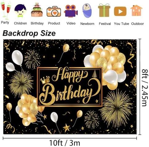 Black and Gold Happy Birthday Party Decoration Backdrop - 10x8ft Golden Balloons Glitter Birthday Backdrop for Women Men Photo Background Banner Extra Large Wall Decor - Image 6