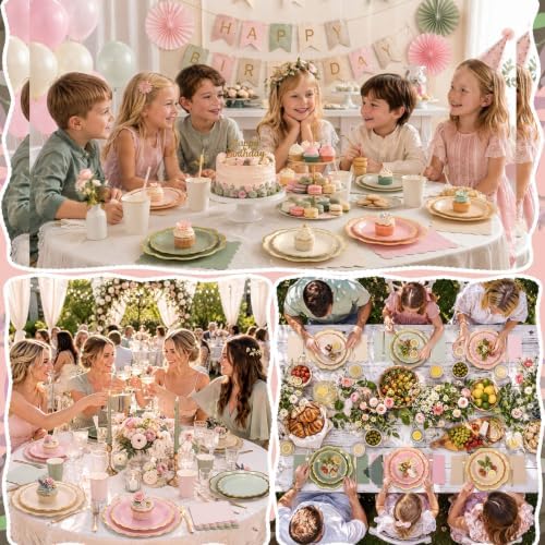 144 Pcs 48 Guests Sage Green and Pink Paper Plate and Napkin Party Supplies - Image 6