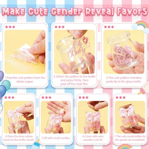 Funnymoom 24 Sets Baby Shower Bottles Favors for Guests Glass 100 ml Milk Jar with Ribbons and Stickers Decorations for Gender Reveal Newborn Centerpiece Party Favor(Pink Blue,Baby) - Image 4