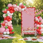 Leinuosen 6 ft Scalloped Pink Red Cardboard Cutout Backdrop Strawberry Baby Shower Cherry Birthday Party Decorations Lifesize Coquette Pink Wavy Backdrop Standup for Wedding Bridal Shower - Image 2