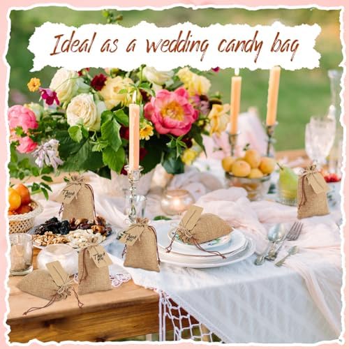 Woanger 100 Pcs Drawstring Burlap Gift Bags 4x6'' with Tags, Dark Brown - Image 5