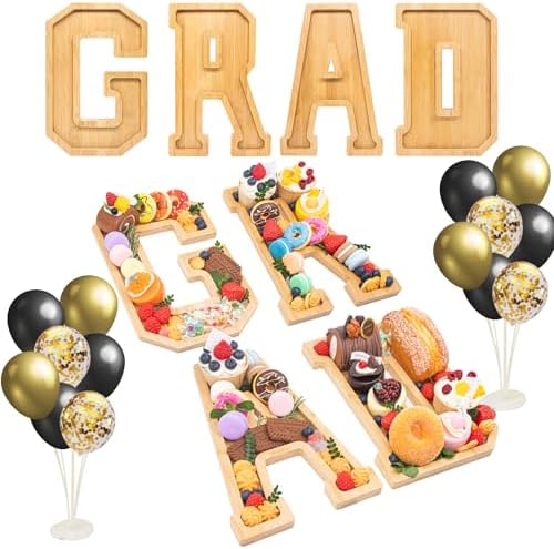 4PCS Wooden Graduation Decorations Number Charcuterie Board Box-(with 14 Balloons) GRAD Charcuterie Numbers Fillable Food Graduation Party Supplies Suitable for 2025 Party Graduation Decoration by Nsoyos