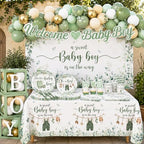 Baby Boy Shower Decorations,267pcs Baby Shower Decorations Green Plates and Napkins Cups Banner Backdrop Tablecloth Cake Topper Balloon for Sweet Baby Boy Baby Shower Decorations - Image 3