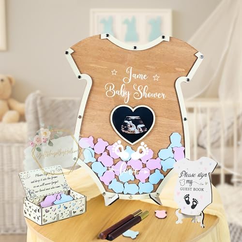Baby Shower Guest Book Alternative Onesie Wooden Keepsake Gender Reveal - Image 5
