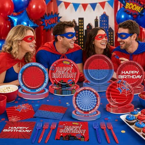 200PCS Spider Birthday Party Supplies Super Theme Paper Plates and Napkins Spider Web Disposable Tableware Set Red and Blue Hero Plates for Birthdays Baby Shower Movie Fans Party Decorations - Image 6