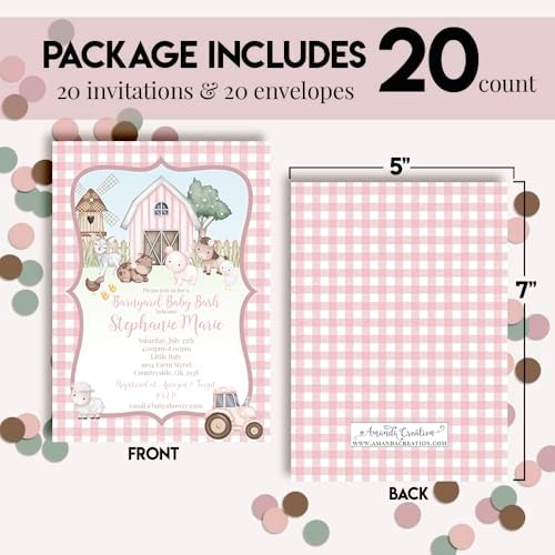 Amanda Creation Farm Baby Shower Girl Invitations, 20 Custom 5x7 Personalized Barnyard Baby Shower Invitations with Envelopes - Image 4