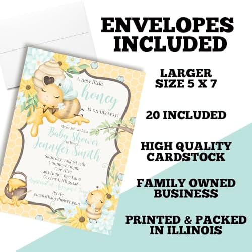 Custom Baby Shower Invites Little Honey Bee Invitation for Boys, Pack of 20 5x7 Personalized Honey Pot Invites with Envelopes - Unique Honey Baby Shower Cards by AmandaCreation - Image 6