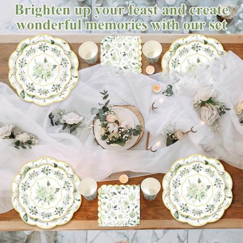 Funnymoom 250 Pcs Sage Green Gold Floral Paper Plates Napkins Cups Serve 50 - Image 6