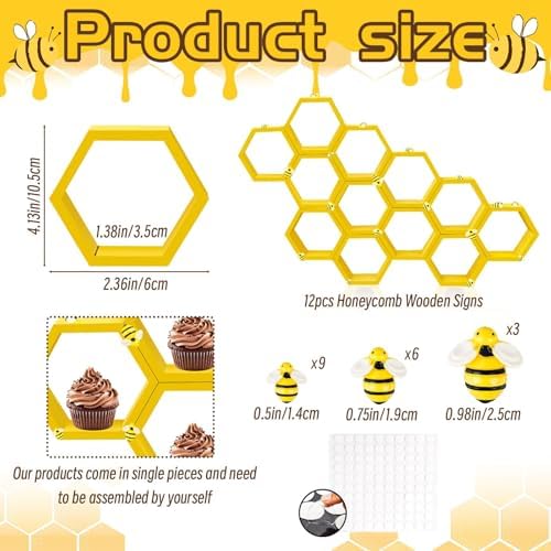 12 Pcs 4.13 Inch Honeycomb Cupcake Stand Cake Farmhouse Hexagon Display Holder Hexagonal Wood Cupcake Stand Floating Table Sign with Wooden Bee for Baby Shower Birthday Party Table Decorations - Image 3