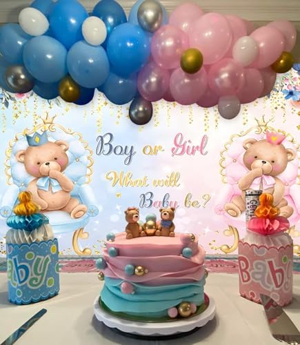 10x8ft Gender Reveal Backdrop Boy or Girl Bear Gender Reveal Party Decorations Pink Or Blue Baby Shower Photography Background Cake Table Banner Studio Photo Booth Props - Image 4