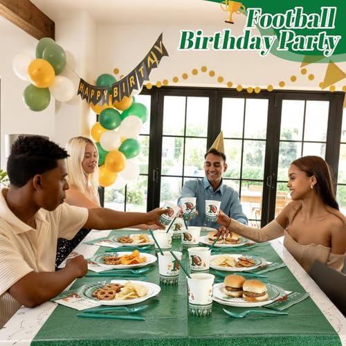 Potchen 452 Pcs Themes Party Supplies Decorations for 50 Guests, Paper Plates Napkins Cups Tablecloth Cutlery Straws for Birthday Baby Shower Party Decorations(Green Brown,1st Football Birthday) - Image 4