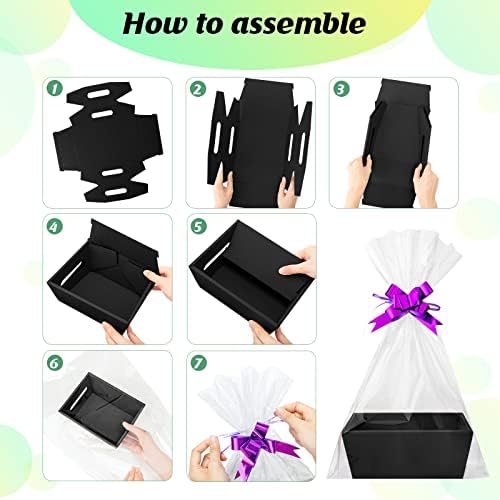 Fainne 74 Pcs Baskets for Gifts Empty Bulk DIY Empty Gift Basket Include 20 Kraft Cardboard Tray with Handles 30 Bags 24 Bows for Christmas Thanksgiving Birthdays Snacks Party, 8" x 6" x 3"(Black) - Image 3