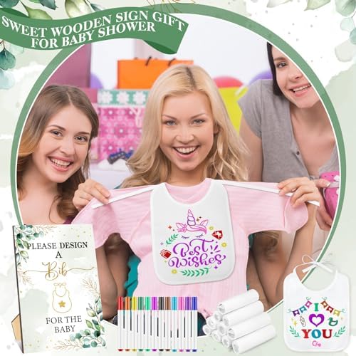 Panitay 100 Pcs DIY Baby Bibs Decorating Kit 50 White Bibs 25 Stencils 24 Markers 1 Baby Shower Game Sign - Image 5