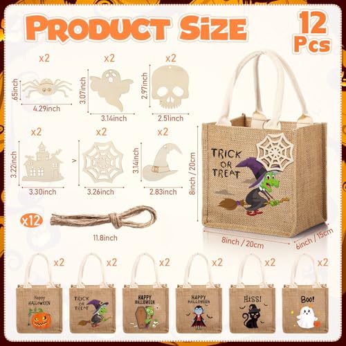 Sweetude 12 Pack Halloween Linen Burlap Bags with Tags,Classic - Image 2