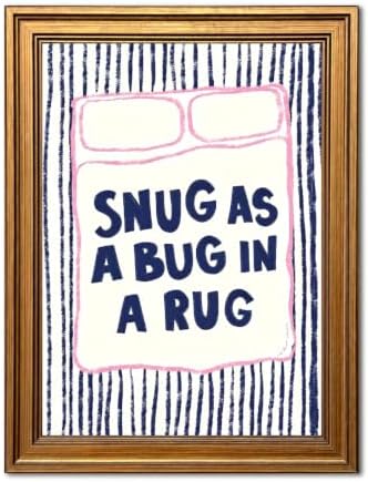 Snug As A Bug In A Rug Wall Art Cute Kids Quote Wall Decor Picture Preppy Pink Blue Striped Nursery Sign Poster Canvas Painting Print for Bedroom Playroom 24x16 inch Gold Framed by Unknown