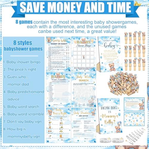 Funnymoom 426 Piece Blue Bear Baby Shower Games Set 8 Games for 50 Guests - Image 4