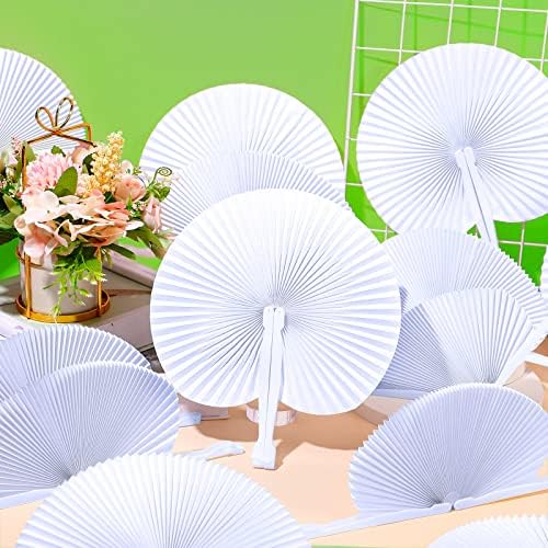Yulejo 150 Packs White Hand Fans for Wedding Round Folding Plastic Handle - Image 5