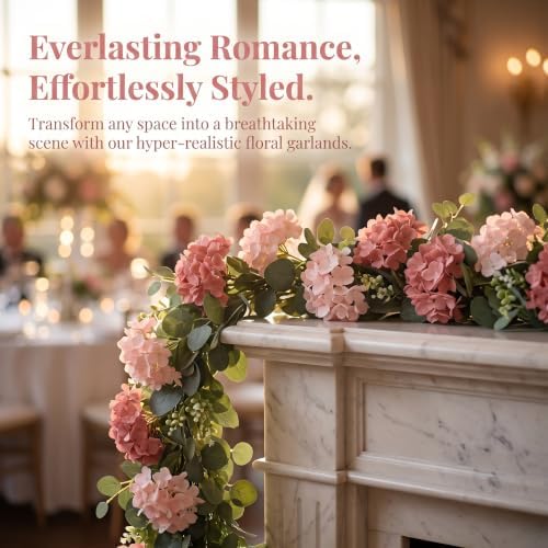 Artificial Hydrangea Flower Garland with Eucalyptus & Baby’s Breath 2PCS 6FT Floral Vines Greenery Garland for Mantel Wedding Arch Table Centerpiece Coastal Home Outdoor Decor (2, Dusty Rose&Pink) - Image 4