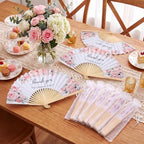 Wenqik 100Sets Pink Flower Hand Folding Fans,Wedding Party Favors for Guest - Image 3