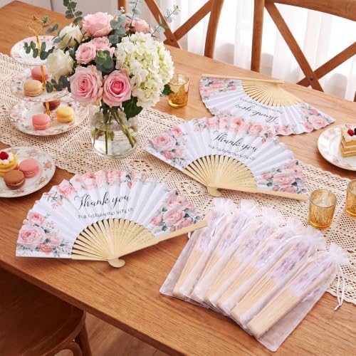 Wenqik 100Sets Pink Flower Hand Folding Fans,Wedding Party Favors for Guest - Image 3