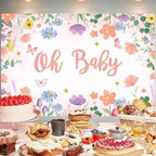 10x6.5FT Baby Shower Backdrop Oh Baby Sign Spring Flower Butterfly Mushroom Background for Boys Girls Kids Gender Reveal Party Decorations Family Photo Booth Props - Image 3