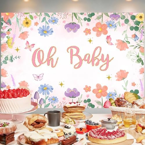 8x6FT Baby Shower Backdrop Oh Baby Sign Spring Flower Butterfly Mushroom Background for Boys Girls Kids Gender Reveal Party Decorations Family Photo Booth Props - Image 3