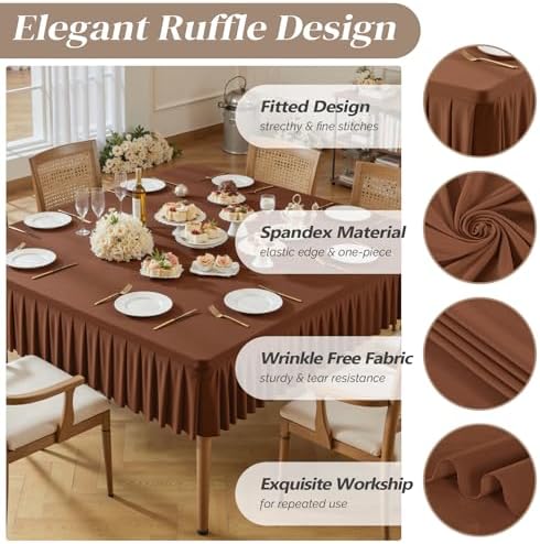 Wish Care 2 Pack Brown Spandex Tablecloths for 34x34 Inch Square Tables, Stretch Fitted Table Clothes with Pleated Ruffle Skirt for 34” Table, Wrinkle Free and Elastic, for Party Kitchen Home Dining - Image 5