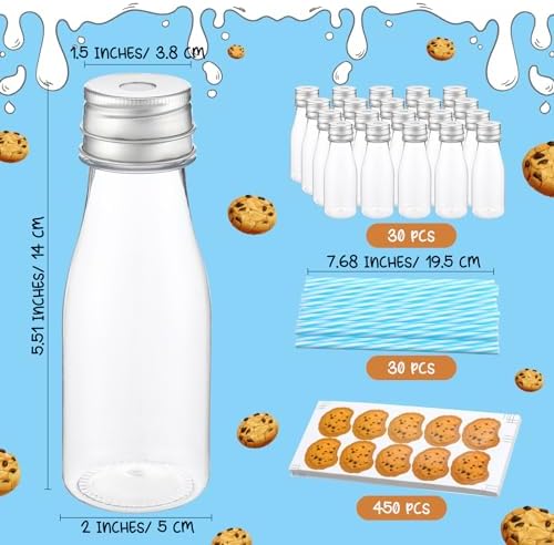 Yungyan 30 Pcs Cookies Themed Plastic Milk Bottles with Straws and Lids Clear 8 oz Mini Juice Bottles with Cap Small Dairy Jar and 450 Cookie Sticker Labels Tiny Drink Container for Birthday Party - Image 2