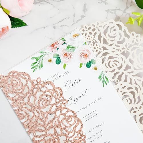 ponatia 25PCS 5.12 x 7.1'' Rose Gold Glitter Wedding Invitations Cards Laser Cut Hollow Rose With Envelopes, Printable Paper with Ribbons for Wedding Bridal Shower Engagement Sweet 16 Birthday - Image 5