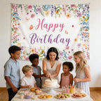 Floral Happy Birthday Backdrop Banner Size 10x8 Ft Watercolor Wildflower & Glitter Design Durable Polyester Photo Booth Background for Women's Birthday & Bridal Shower Decorations Supplies - Image 3