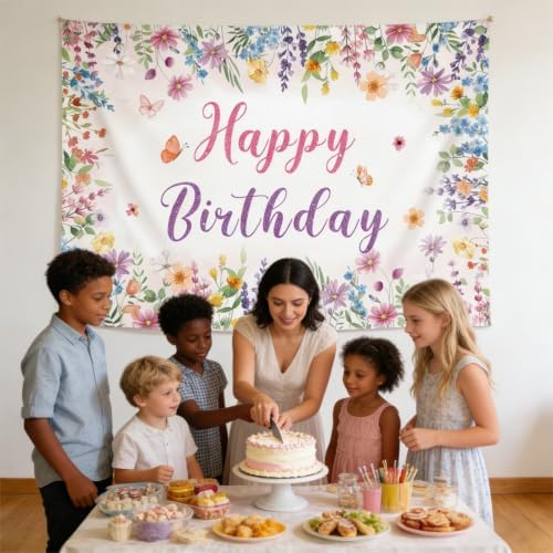 Floral Happy Birthday Backdrop Banner Size 10x8 Ft Watercolor Wildflower & Glitter Design Durable Polyester Photo Booth Background for Women's Birthday & Bridal Shower Decorations Supplies - Image 3