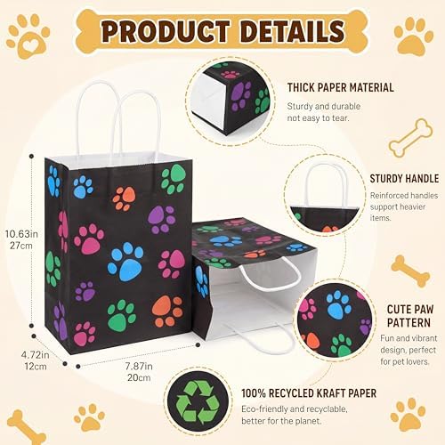 Tenceur 80 Pcs Dog Gift Bags Goodie Paw Puppy Paper Treat Bags Bulk with Handles 10.63 x 4.72 x 7.87 Inch Dog Themed Party Favors Shopping Holiday Kraft(Black Colorful) - Image 2