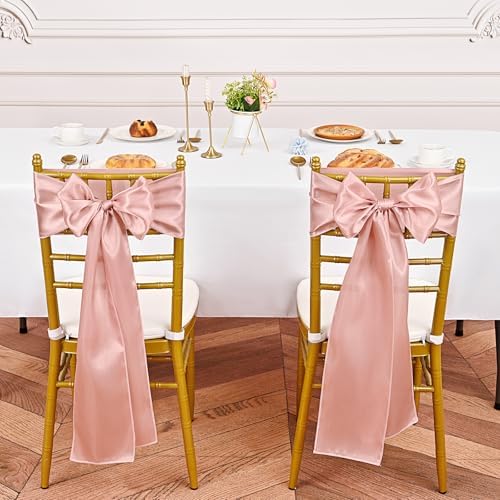 YMHPRIDE 60 PCS Rose Gold Satin Chair Sashes, 7x108 Inch Ties Chair Bows - Image 4