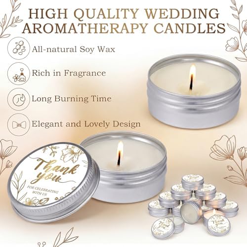 MTLEE 50 Pcs White Gold Wedding Thank You Candles Gifts for Guests, Bridal Shower Baby Shower Favors, 1 oz Mini Lavender Scented Soy Wax Candles Tin Bulk for Birthday Aromatherapy Party Favors - Image 6