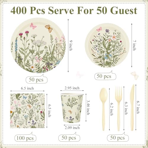 400 Pcs Wild Floral Disposable Paper Plates Napkins Cups Serve 50 Watercolor Floral Tableware Set for Spring Wedding Tea Party Decoration Bridal Baby Shower(Vintage Color, Classic Style) - Image 3